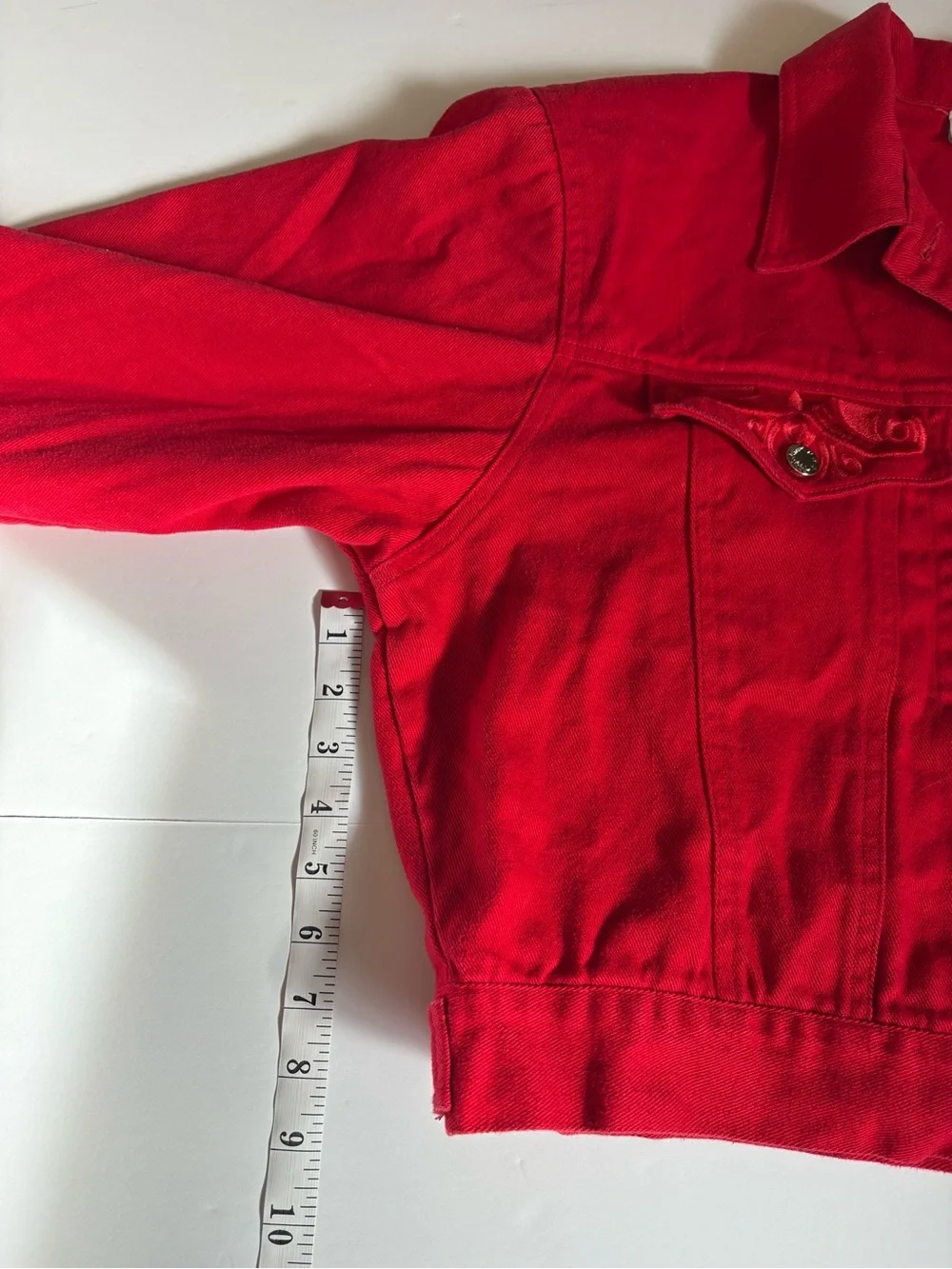 Vintage 90s Red Cropped Denim Jacket Boxy Retro Streetwear 2750, Sz 9/Medium. - Picture 10 of 16
